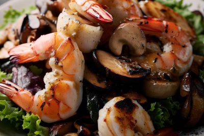 Grilled Shrimp and Roasted Mushroom Salad with Garlic Vinaigrette