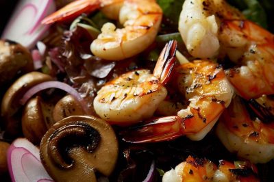 Grilled Shrimp and Roasted Mushroom and Red Onion Salad with Lemon Garlic Dressing