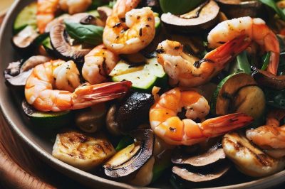 Grilled Shrimp and Roasted Mushroom and Zucchini Salad with Lemon Basil Dressing