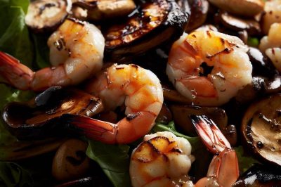 Grilled Shrimp and Roasted Portobello Mushroom and Onion Salad with Balsamic Vinaigrette