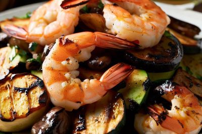 Grilled Shrimp and Roasted Portobello Mushroom and Zucchini Salad with Balsamic Vinaigrette