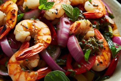Grilled Shrimp and Roasted Red Onion and Bell Pepper Salad with Chimichurri Dressing