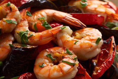 Grilled Shrimp and Roasted Red Onion and Zucchini Salad with Lemon Garlic Dressing