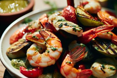 Grilled Shrimp and Roasted Red Pepper and Eggplant Salad with Lemon Garlic Dressing