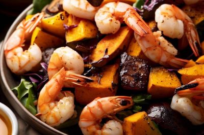 Grilled Shrimp and Roasted Sweet Potato Salad with Honey Mustard Dressing