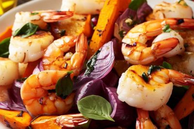 Grilled Shrimp and Roasted Sweet Potato and Red Onion Salad with Lemon Basil Dressing