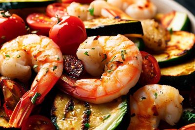 Grilled Shrimp and Roasted Zucchini and Cherry Tomato Salad with Lemon Garlic Dressing