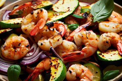 Grilled Shrimp and Roasted Zucchini and Red Onion Salad with Lemon Basil Dressing
