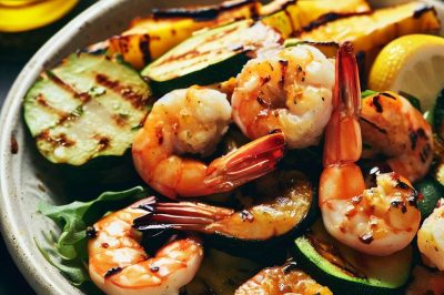 Grilled Shrimp and Roasted Zucchini and Squash Salad with Lemon Vinaigrette