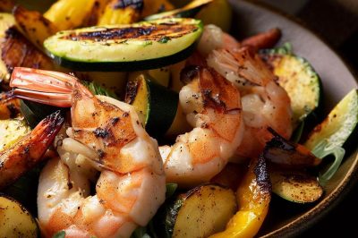 Grilled Shrimp and Roasted Zucchini and Yellow Squash Salad with Dijon Vinaigrette