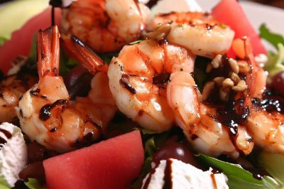 Grilled Shrimp and Watermelon Salad with Feta and Balsamic Glaze