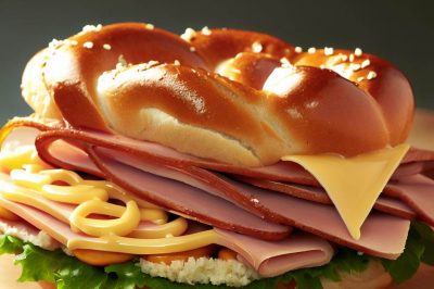Ham and Swiss Sandwich with Honey Mustard on a Pretzel Roll