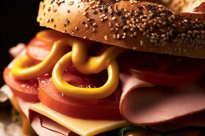 Ham and Swiss Sandwich with Tomato and Honey Mustard on a Pretzel Roll