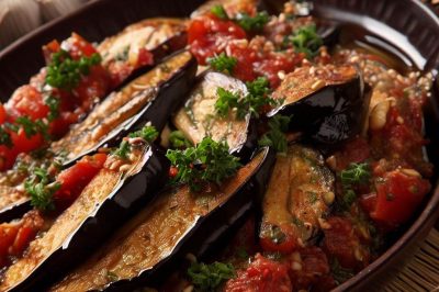 Lebanese Fried Eggplant with Tomatoes and Garlic