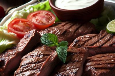 Lebanese Grilled Beef Steaks with Yogurt Sauce
