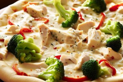 One-Serving Chicken Alfredo Pizza with Broccoli and Red Pepper