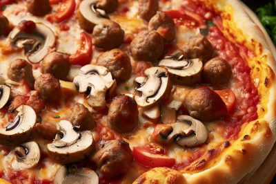 One Serving Sausage and Mushroom Pizza with Tomato Sauce and Mozzarella Cheese