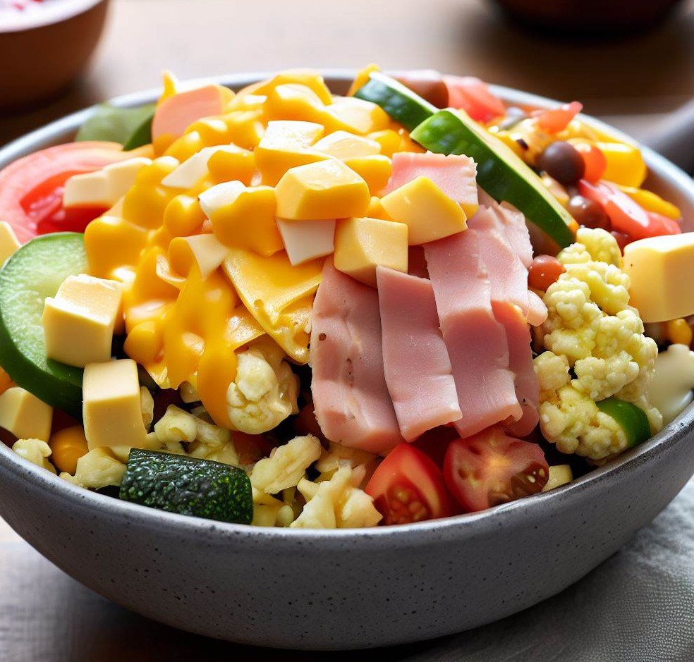 One-Serving Veggie Breakfast Bowl with Scrambled Eggs, Cheese, Ham, Veggies, and Salsa