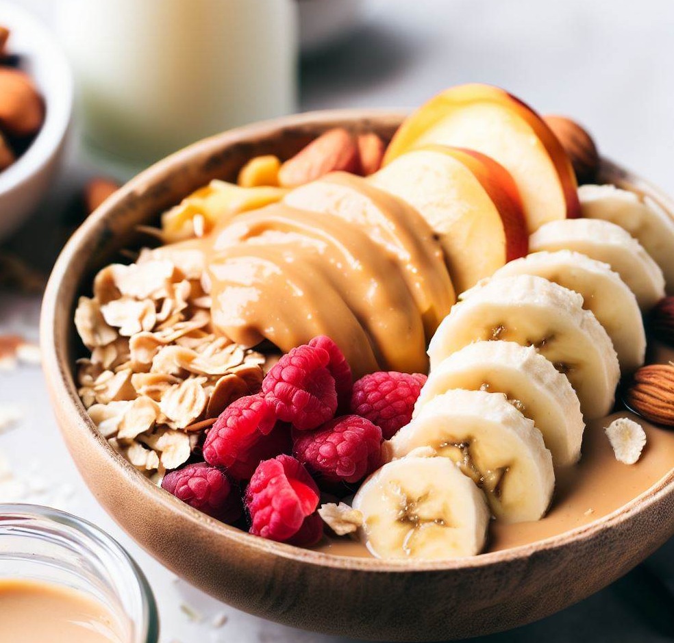 Peanut Butter and Banana Smoothie Bowl with Fresh Fruit, Almond Milk, and Granola
