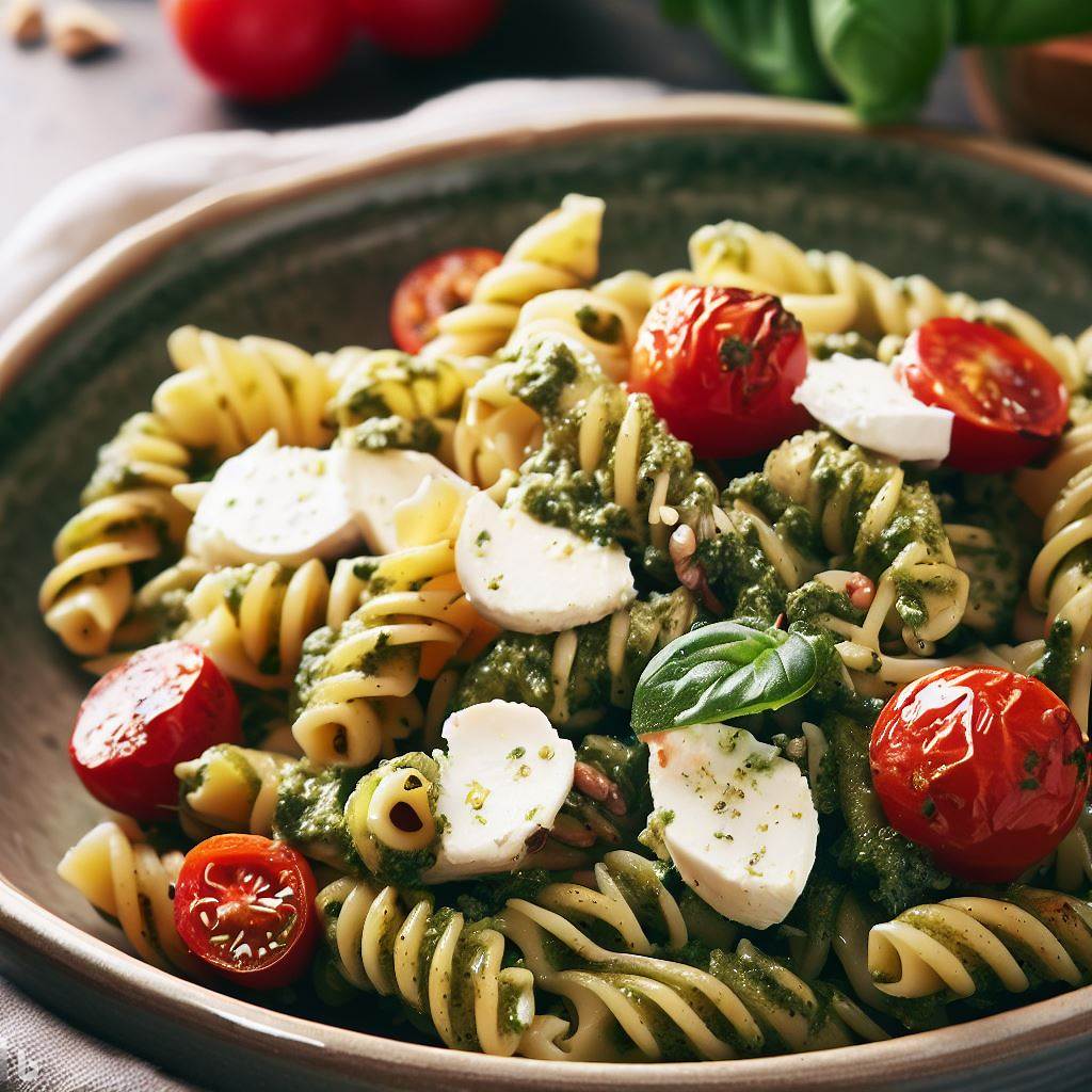Pesto Pasta Salad with Roasted Cherry Tomatoes and Mozzarella Cheese
