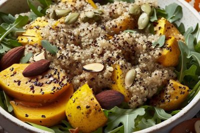Quinoa and Roasted Acorn Squash and Arugula Salad with Lemon Tahini Dressing
