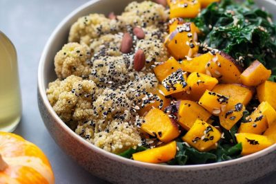 Quinoa and Roasted Acorn Squash and Kale Salad with Lemon Tahini Dressing