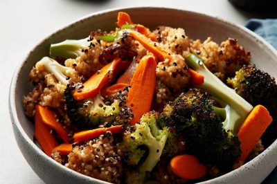 Quinoa and Roasted Broccoli and Carrot Salad with Ginger Dressing