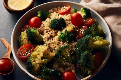 Quinoa and Roasted Broccoli and Cherry Tomato Salad with Lemon Garlic Dressing