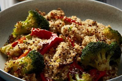Quinoa and Roasted Broccoli and Red Pepper Salad with Dijon Vinaigrette