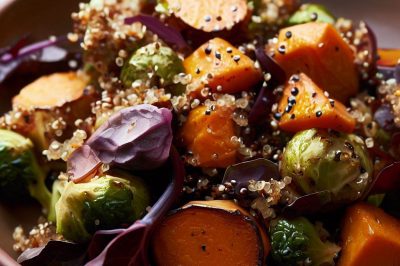 Quinoa and Roasted Brussels Sprouts and Sweet Potato Salad with Balsamic Vinaigrette
