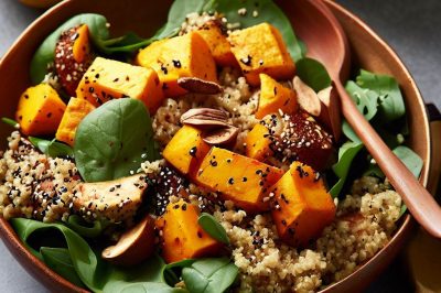 Quinoa and Roasted Butternut Squash and Spinach Salad with Lemon Tahini Dressing