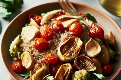 Quinoa and Roasted Cherry Tomato and Artichoke Salad with Lemon Garlic Dressing