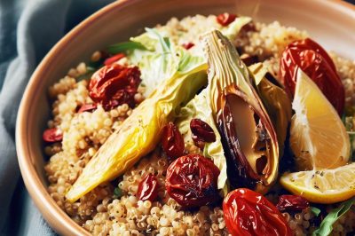 Quinoa and Roasted Cherry Tomato and Artichoke Salad with Lemon Vinaigrette