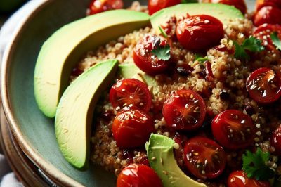 Quinoa and Roasted Cherry Tomato and Avocado Salad with Cilantro Lime Dressing
