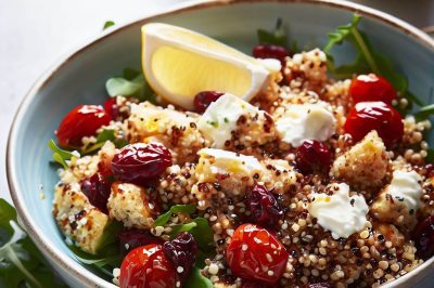 Quinoa and Roasted Cherry Tomato and Feta Cheese Salad with Lemon Garlic Dressing