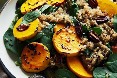 Quinoa and Roasted Delicata Squash and Spinach Salad with Lemon Vinaigrette