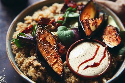 Quinoa and Roasted Eggplant Salad with Tahini Dressing