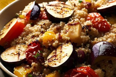 Quinoa and Roasted Grape Tomato and Eggplant Salad with Lemon Garlic Dressing