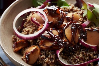 Quinoa and Roasted Red Onion and Mushroom Salad with Balsamic Vinaigrette