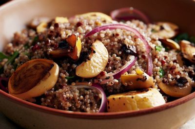 Quinoa and Roasted Red Onion and Mushroom Salad with Lemon Vinaigrette