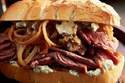 Roast Beef Sandwich with Caramelized Onions and Blue Cheese