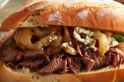 Roast Beef and Blue Cheese Sandwich with Caramelized Onions on Ciabatta