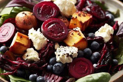 Roasted Beet and Blueberry Salad with Goat Cheese and Honey Mustard Dressing