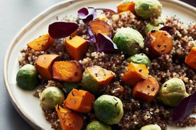 Roasted Brussels Sprouts and Quinoa Sweet Potato Salad with Maple Vinaigrette
