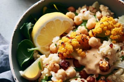 Roasted Cauliflower and Chickpea Quinoa Salad with Lemon Tahini Dressing