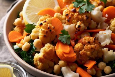 Roasted Cauliflower and Chickpea and Carrot Salad with Lemon Garlic Dressing