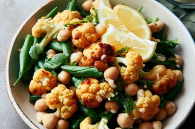Roasted Cauliflower and Chickpea and Green Bean Salad with Lemon Tahini Dressing