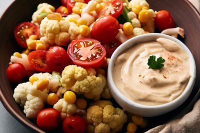 Roasted Cauliflower and Chickpea and Tomato Salad with Lemon Tahini Dressing