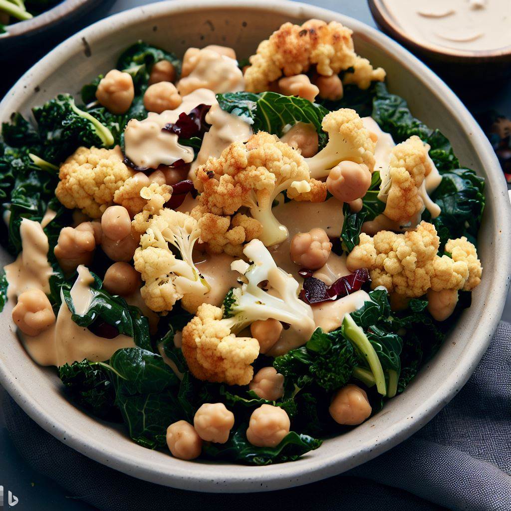 Roasted Cauliflower and Kale and Chickpea Salad with Tahini Dressing