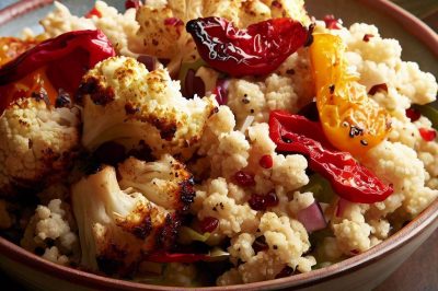Roasted Cauliflower and Quinoa Salad with Roasted Red Pepper and Lemon Vinaigrette